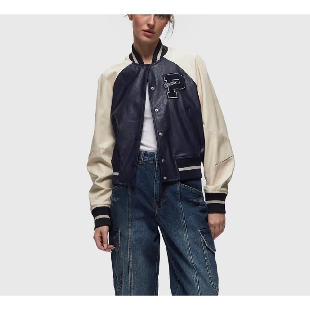 Baum und Pferdgarten Barbora Faux Leather Varsity Jacket in Navy Blue Cream sz 8